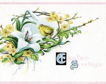 Easter Vintage Postcard, Easter Greetings, chicks, Spring flowers, 1917 post card, Easter ephemera