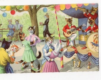 Mainzer dressed cats, dancing at the bandstand, mice, vintage postcard #4863,, For Vintage Hunter