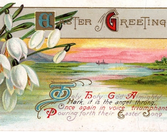 Easter vintage postcard - Easter Greetings, flowers, sunset, sunrise,  Embossed Antique Post Card