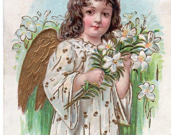 Easter Girl Angel vintage postcard, Easter Greetings antique postcard