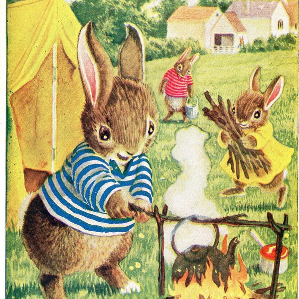 Racey Helps postcard. Dressed bunnies, animals, The Campers vintage postcard, Racey Helps, Pk 318, anthropomorphic