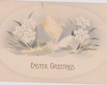 Vintage Easter postcard - Easter Greetings postcard of Chick, Easter antique postcard, flowers