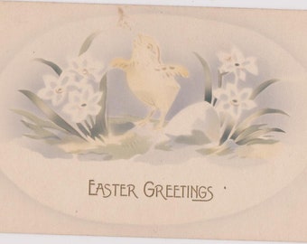 Vintage Easter postcard - Easter Greetings postcard of Chick, Easter antique postcard, flowers