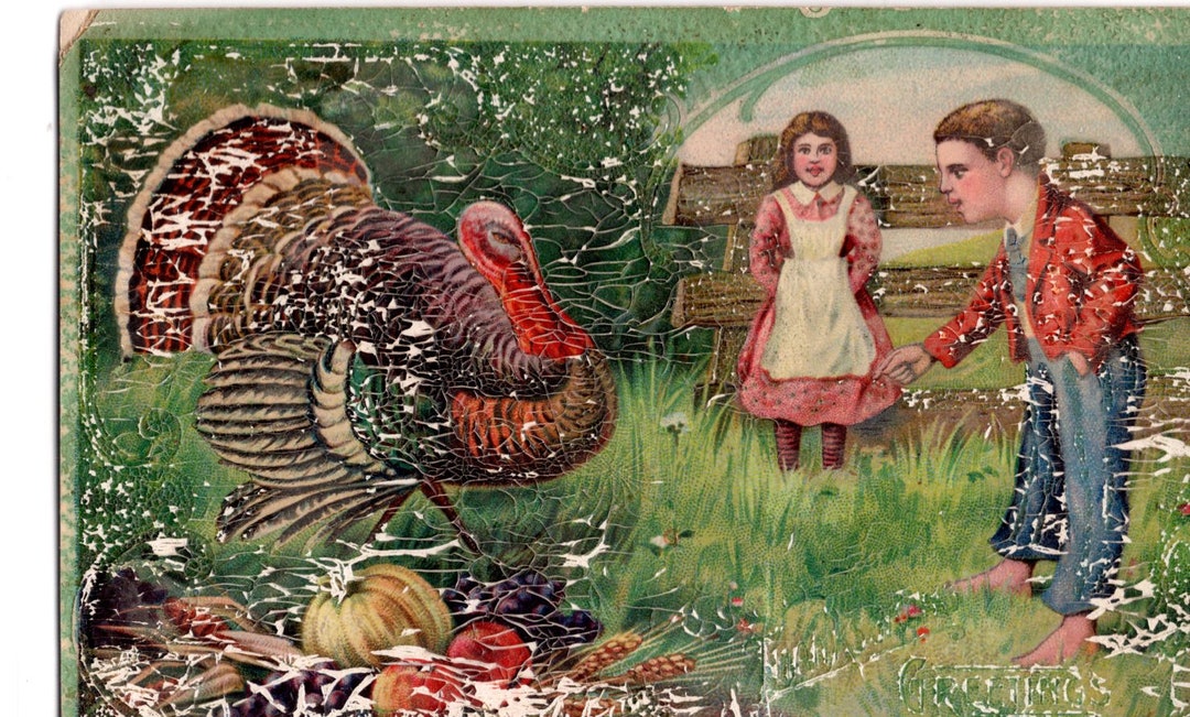 Vintage Thanksgiving Postcard: Turkey Farm Scene, Embossed Gel Card - Etsy