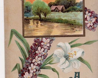 Easter vintage postcard, Violets, Purple Flowers, Lake scene, antique Postcard  Embossed, For Vintage Hunter, For Vintage Hunter
