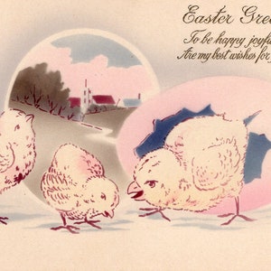 Vintage Easter postcard - Easter Greetings postcard of Chicks, egg, Easter antique postcard, farm