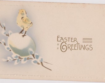 Vintage Easter postcard - Easter Greetings postcard of Chick on egg, Easter antique postcard, pussywillow