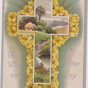 Vintage Easter Postcard Cross, cottage, landscape, flowers antique postcard