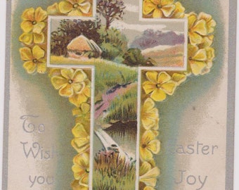 Vintage Easter Postcard Cross, cottage, landscape, flowers antique postcard