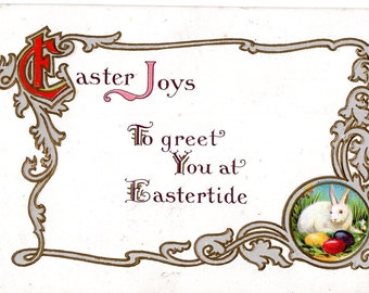 Easter Joys Vintage Postcard, Easter Bunny Rabbit with eggs, border,  Embossed, Eastertide