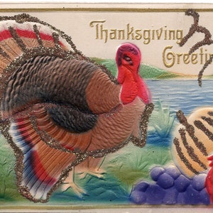 Thanksgiving turkey vintage post card, Antique greetings postcard, Glitter