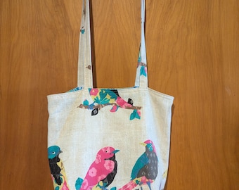 colorful birds. cotton canvas tote. with pocket