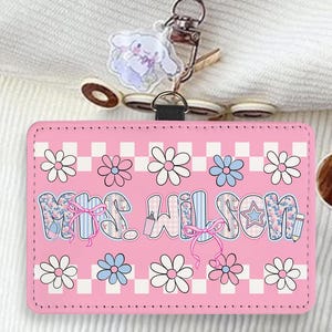 Custom Teacher Preppy Badge Holder, Personalized Teacher Name ID Badge Holder, Back To School Gift, Floral Checkered ID Cover, Teacher Gift