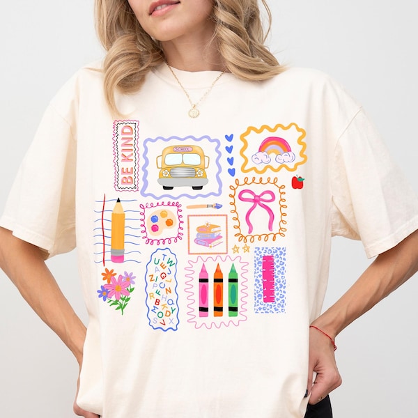 Camiseta de profesora con colores cómodos y modernos, camiseta de regreso a clases con garabatos coloridos, camiseta escolar preppy y coqueta, camiseta con lazo rosa femenino, regalos para profesora