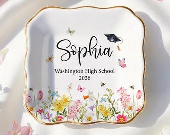Personalized Wildflower Graduation Jewelry Dish,  Graduation Gifts For Her, Class of 2026, College Daughter Grad Gift, High School Ring Dish