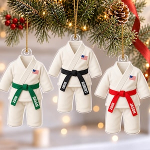 Personalized Karate Ornament: Karate Uniform For Girls Boys, Custom Belt Color, Karate Black Belt Ranking Gift, Martial Arts Xmas Keepsake image 1