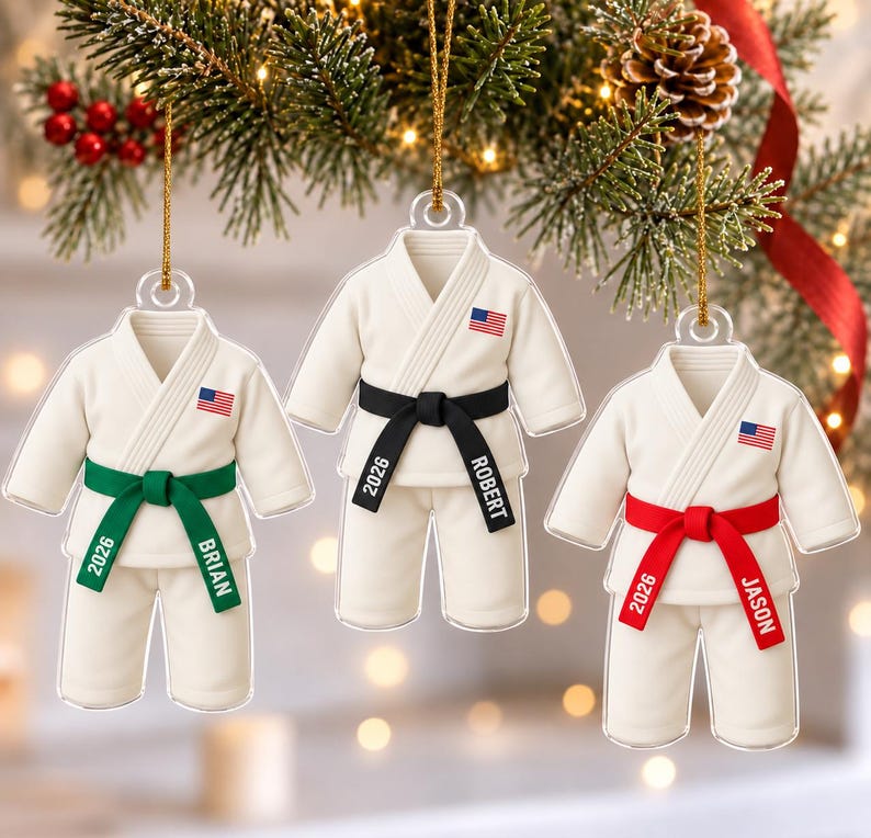 Personalized Karate Ornament: Karate Uniform For Girls Boys, Custom Belt Color, Karate Black Belt Ranking Gift, Martial Arts Xmas Keepsake image 1