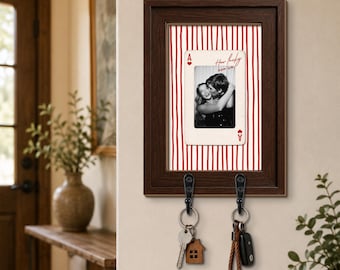 Personalized Striped Wooden Photo Key Holder, Custom Couple Photo Key Hook, Playing Card Frame Key Holder, Family Keepsake, Newlywed Gifts
