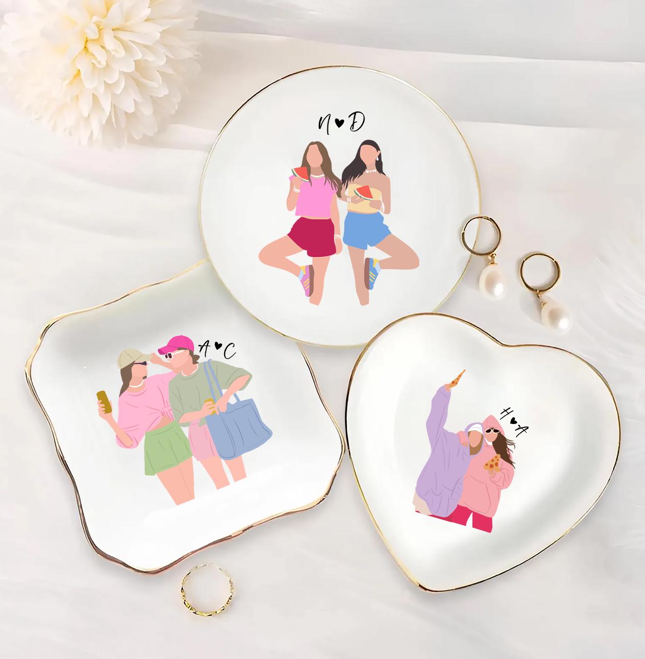 Personalized Best Friend Ring Dish - Ceramic Jewelry Tray With Names & 'If Besties Were Flowers' Quote