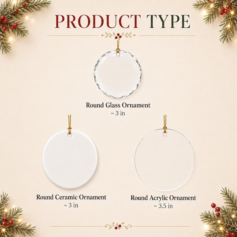 Op de afbeelding: Drie ronde ornamenten met gouden ophangkoorden. Een glazen ornament van 7,6 cm met een gefacetteerde rand, een wit keramisch ornament van 7,6 cm en een transparant acrylornament van 8,9 cm. Tekstlabels identificeren elk rond ornament.