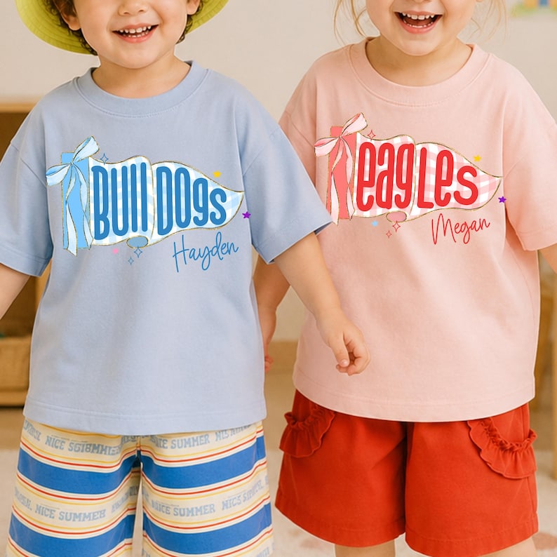 Personalized Kids Name Toddler Shirt, Back to School Shirts, Gingham Mascot Pennant Girl Name T-shirt, First Day Of School Tee For Boy Girl image 9