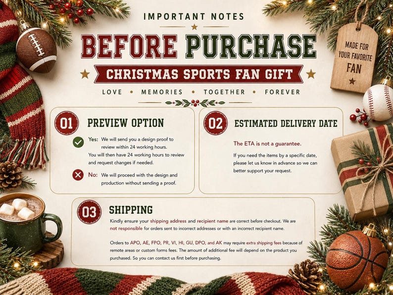 May include: An informational graphic titled IMPORTANT NOTES BEFORE PURCHASE CHRISTMAS SPORTS FAN GIFT. It outlines three sections: 01 PREVIEW OPTION, 02 ESTIMATED DELIVERY DATE, and 03 SHIPPING, surrounded by Christmas decorations including a football, basketball, and pine branches.