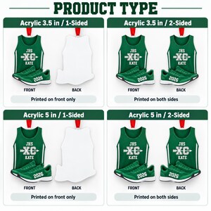 May include: Acrylic ornaments in 3.5-inch and 5-inch sizes, available in 1-sided or 2-sided print options. Each ornament features a green tank top with 'JHS XC KATE' and a pair of green running shoes with '2026' printed on the front side.