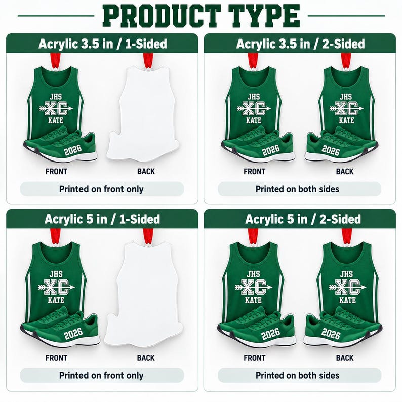 May include: Acrylic ornaments in 3.5-inch and 5-inch sizes, available in 1-sided or 2-sided print options. Each ornament features a green tank top with 'JHS XC KATE' and a pair of green running shoes with '2026' printed on the front side.