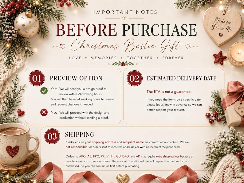 Op de afbeelding: Een informatieve afbeelding met de titel IMPORTANT NOTES BEFORE PURCHASE Christmas Bestie Gift. Het bevat drie secties: 01 PREVIEW OPTION, 02 ESTIMATED DELIVERY DATE en 03 SHIPPING, omringd door feestelijke kerstversieringen zoals dennentakken, bessen en ornamenten.