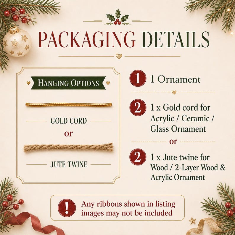 Op de afbeelding: Een informatieve afbeelding getiteld PACKAGING DETAILS met ophangopties voor ornamenten. Het toont 1 ornament, een gouden koord voor acryl, keramiek of glazen ornamenten, en jutekoord voor houten of 2-laags houten en acryl ornamenten.