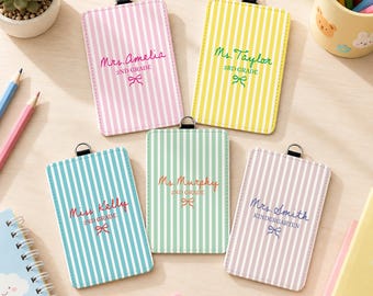 Custom Stripes Teacher Badge Holder, Coquette Bow Teacher Name ID Card Holder, Nurse Badge Holder, Back To School Teacher Gift, Nurse Gift