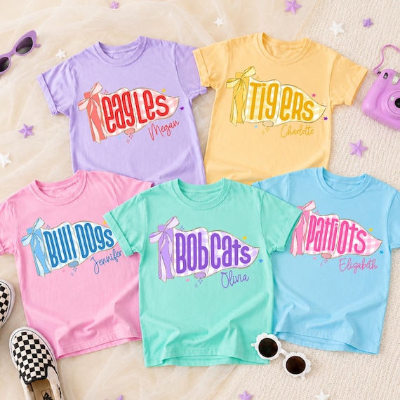 Personalized Kids Name Toddler Shirt, Back to School Shirts, Gingham Mascot Pennant Girl Name T-shirt, First Day Of School Tee For Boy Girl