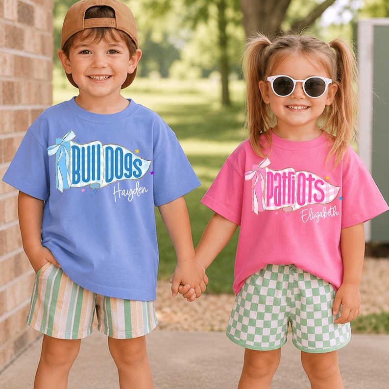 Personalized Kids Name Toddler Shirt, Back to School Shirts, Gingham Mascot Pennant Girl Name T-shirt, First Day Of School Tee For Boy Girl image 4