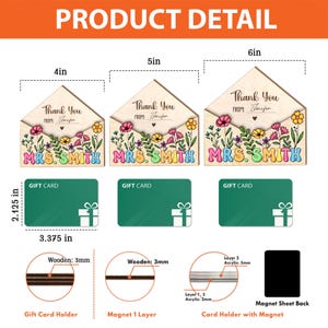 May include: A wooden gift card holder with a floral design and the text "Thank You" and "MRS. SMITH". The holder is 6 inches wide, 4 inches tall, and 2.125 inches deep. It is made of wood and acrylic and has a magnet on the back.