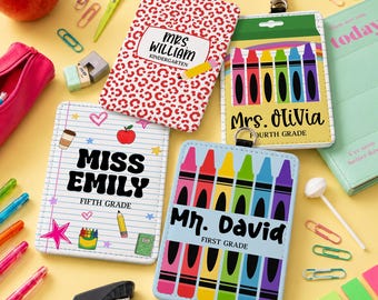 Personalized Pencil Teacher Badge Holder, Back To School Gift, Crayon School Business Leather ID Card Holder, Teacher Appreciation Gifts