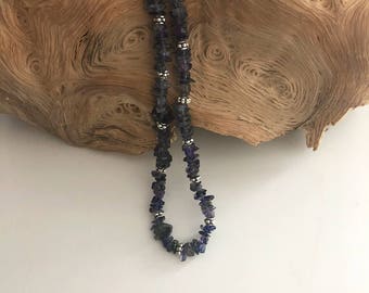 Blue iolite choker necklace with silver accents