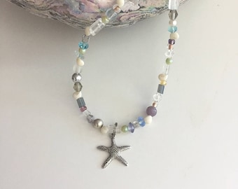 Beach jewelry - White, blue and neutral bead necklace with a starfish pendant - starfish necklace, nautical necklace, surfer necklace