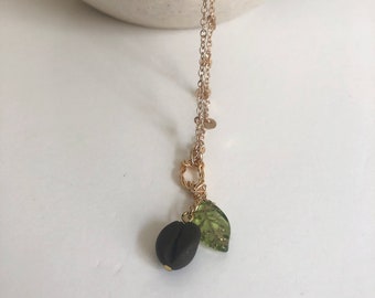 Coffee bean and leaf necklace with goldtone chain
