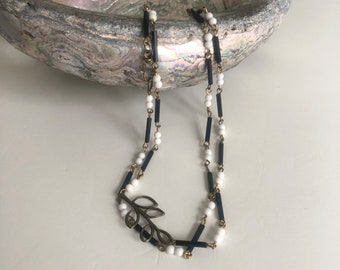 Long black and white bead necklace - opera length necklace