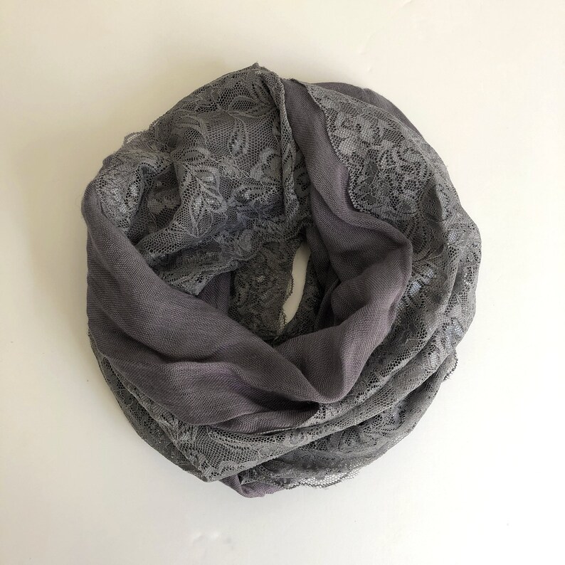 Vintage gray cotton blend scarf with floral lace trim image 7
