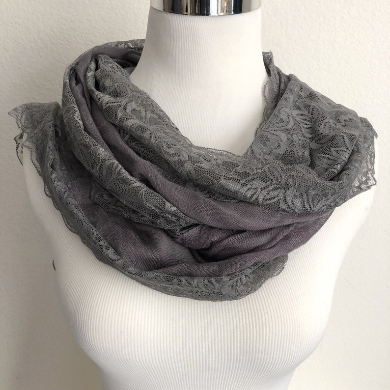 Vintage gray cotton blend scarf with floral lace trim image 9