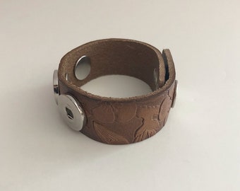 Upcycled leather cuff bracelet with embossed flowers - unisex adjustable cuff bracelet