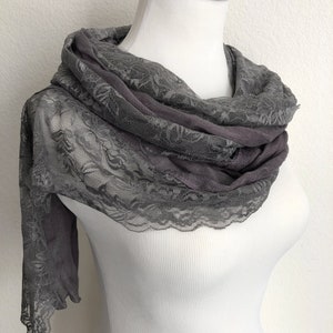 Vintage gray cotton blend scarf with floral lace trim image 3