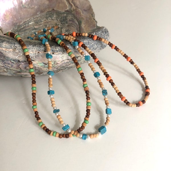 Brown wooden bead necklace with color accents - choose orange, green, or turquoise blue