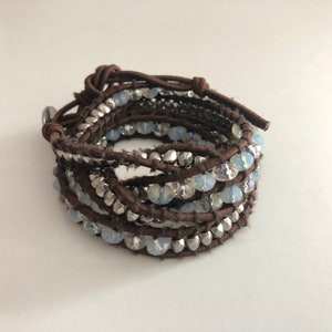 Brown, silvertone, and opal glass stretch beaded wrap bracelet