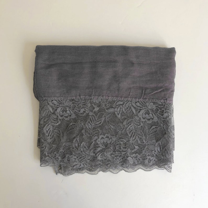 Vintage gray cotton blend scarf with floral lace trim image 6