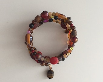 Brown and red earth colors memory wire bracelet - glass bead and gemstone wrap bracelet with tiger eye accent
