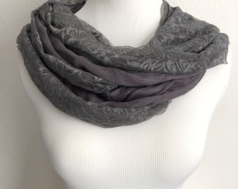 Vintage gray cotton blend scarf with floral lace trim