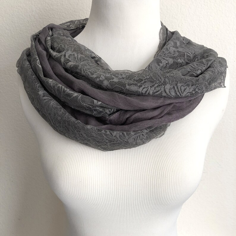 Vintage gray cotton blend scarf with floral lace trim image 1