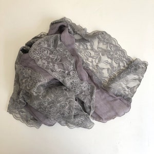 Vintage gray cotton blend scarf with floral lace trim image 5